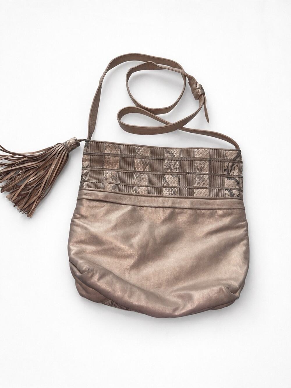 Sharif Metallic Snakeskin Patchwork Tassel Crossbody Bag